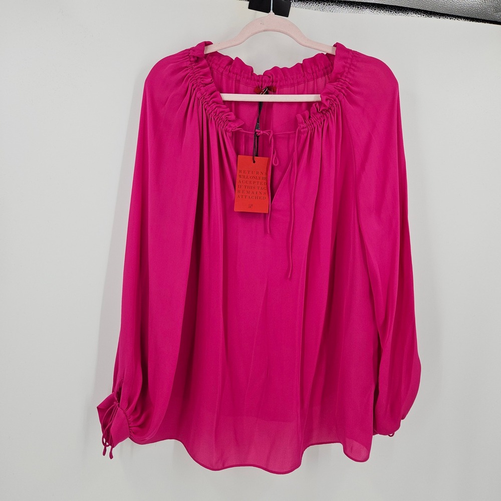 Carolina Herrera Peasant Blouse Pink Silk Ruffle Sheer Tie Neck Boho NWT Size S